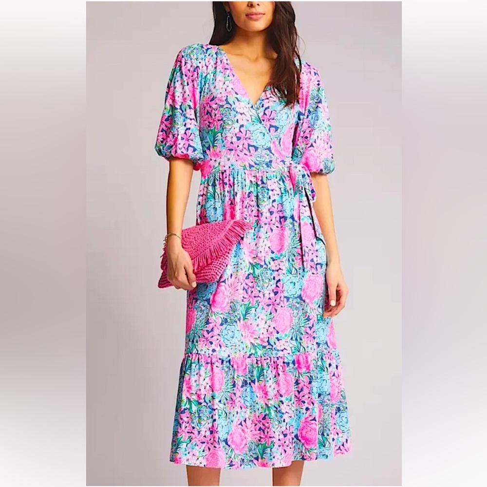 New Lilly Pulitzer Brantley Midi Floral Wrap Dress Ladies Medium
